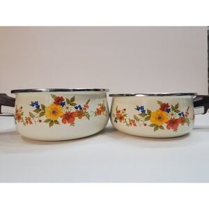 Vintage Enamelware Pots JPM Sweet Flower 80s  Made In Spain Excellent